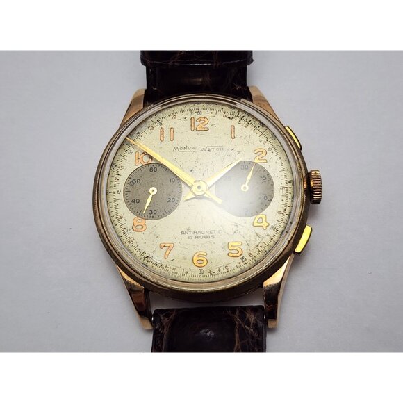 Vintage Monval 18K Rose Gold 37mm 17J Antimagnetic Chronograph Swiss Watch - Picture 9 of 16